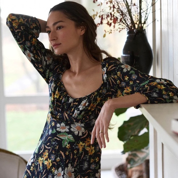 NWT Doen Guinevere Silk Ruched V Neck Long Sleeve Bias Midi Dress Sweet Anemone - Picture 4 of 15